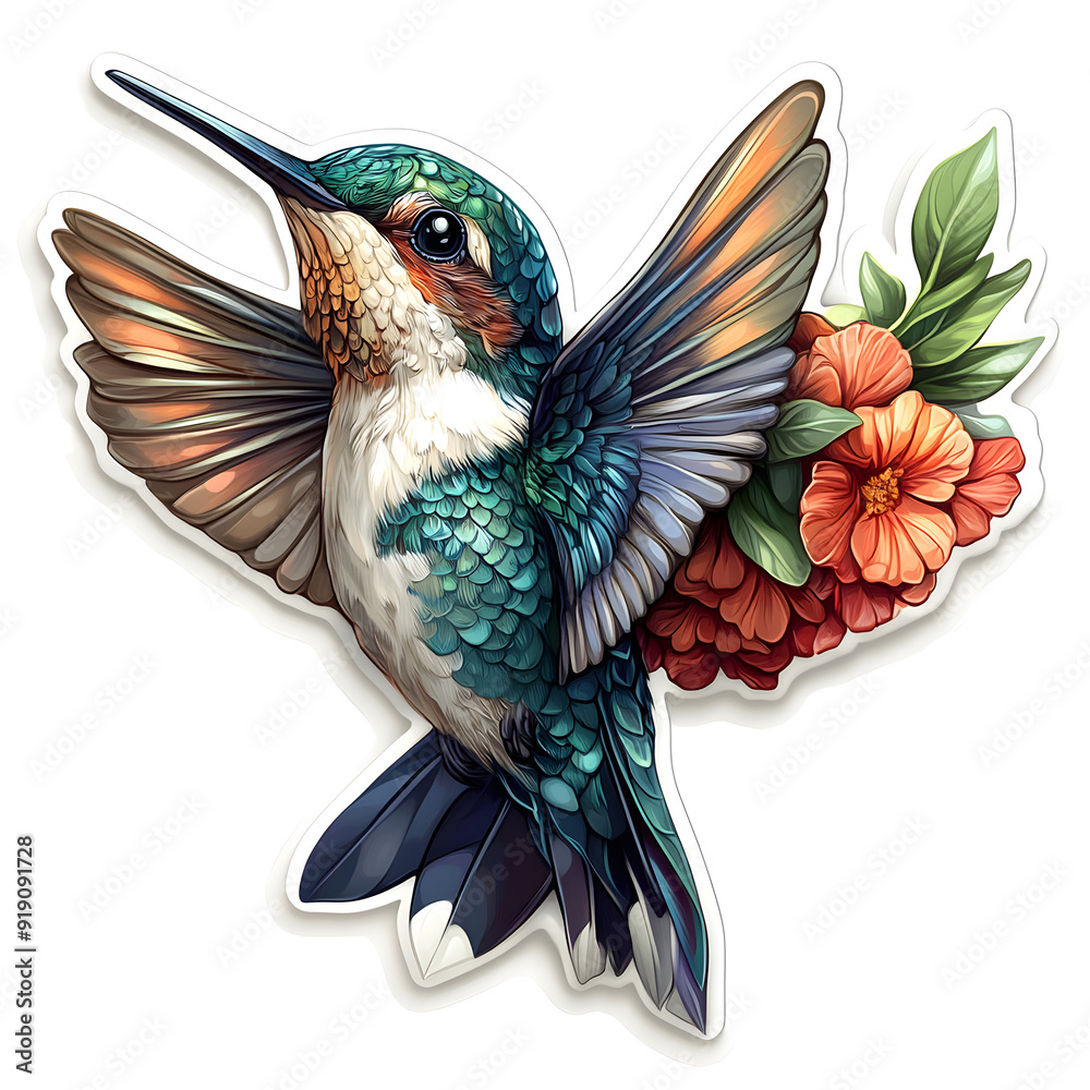 Obraz premium an illustration of Colorful hummingbird flying with opened wings near red flowers sticker