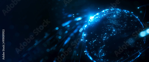 Digital representation of globe, illuminated with bright blue data points and light trails that connect various locations. It symbolizes global interoperability and connectivity, scalability world