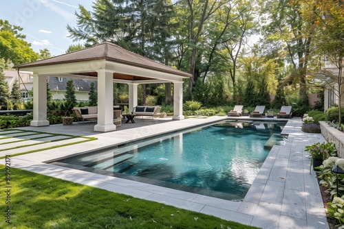 Modern farmhouse pool area in an indoor garden with lush green grass, white gazebo, ornate grey stone pavers, and patterned concrete slabs, viewed from across the pool.