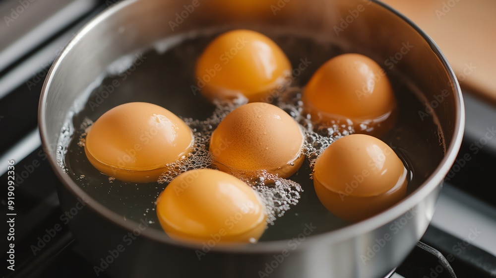 Eggs boiling in a pot of water on the stove Eggs boiling in a pot of water on the stove
