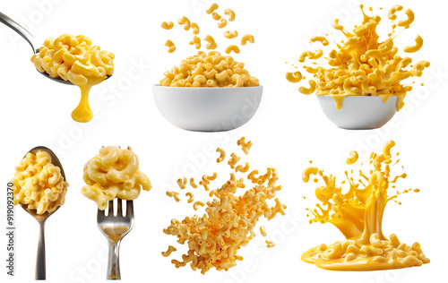 Classic american cheesy Macaroni mac and cheese, many angles view side top bowl spoon fork dropping splash flying isolated on transparent cutout, PNG file. Mockup template for artwork graphic design photo