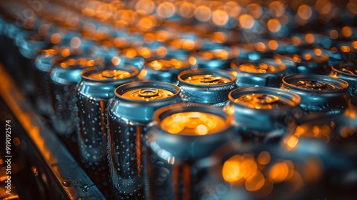 An unending stream of lemonade cans move steadfastly along the conveyor, ready for their exhilarating venture through retail. photo