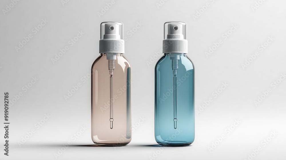 Two Clear Glass Spray Bottles on a White Background Two Clear Glass Spray Bottles on a White Background