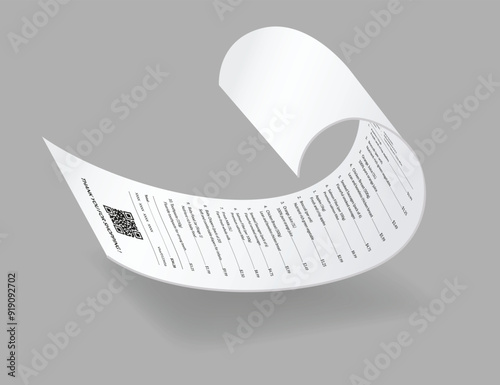 Payment check or receipts with shadow. Curved financial paper, purchase invoice. Buying, bill or calculate pay. Receipt the seller form