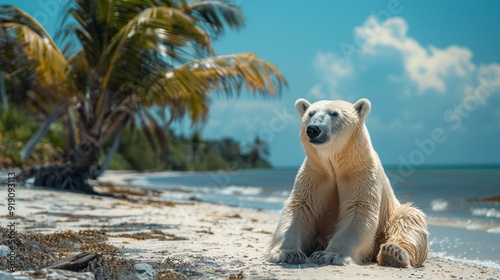 The sight of a polar bear on a tropical beach, far from its icy homeland, visualizes the harsh reality of global climate change. photo