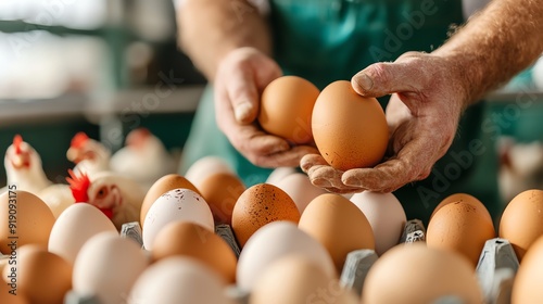 Farmer collecting eggs from freerange chickens photo