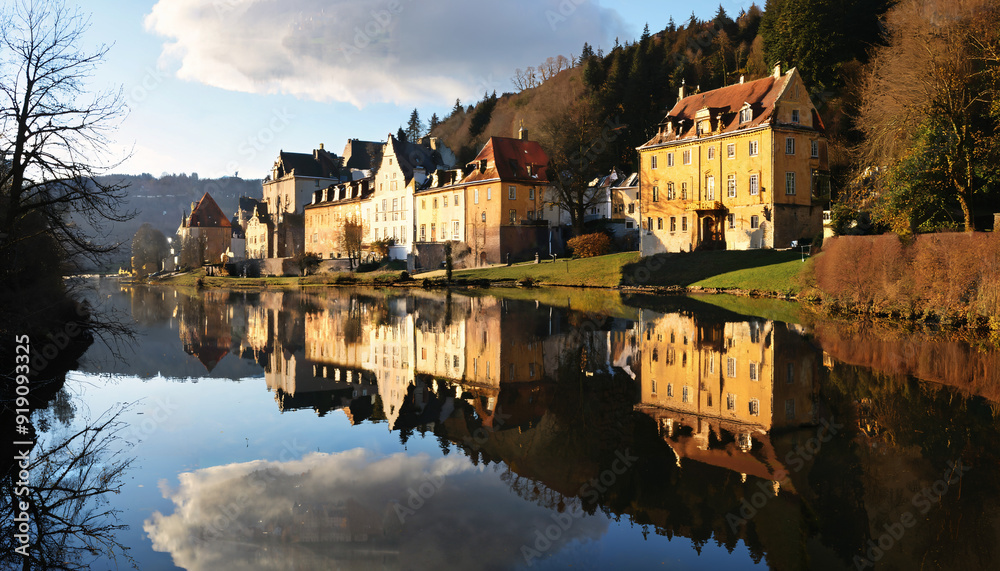 Fototapeta premium Maisons riveraines se reflétant dans l'eau au crépuscule