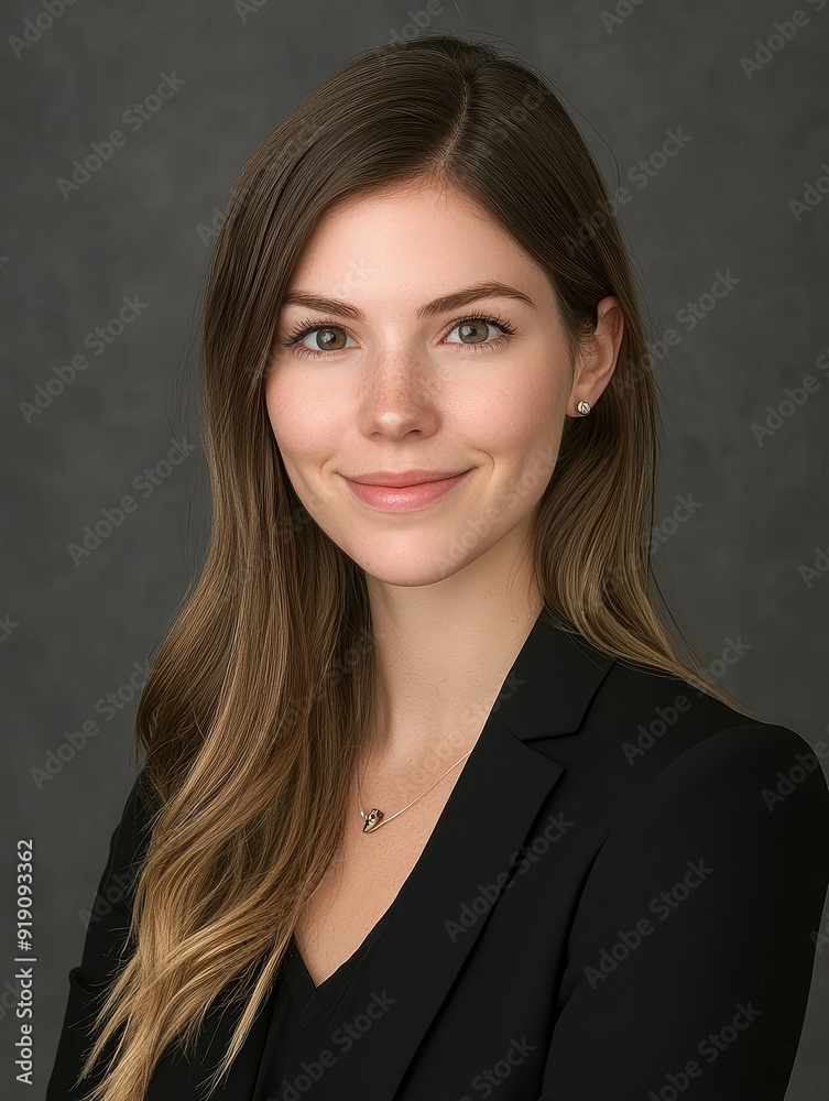 A professional portrait of a woman with long hair, wearing a black blazer, smiling confidently against a gray background. A professional portrait of a woman with long hair, wearing a black blazer, smiling confidently against a gray background.