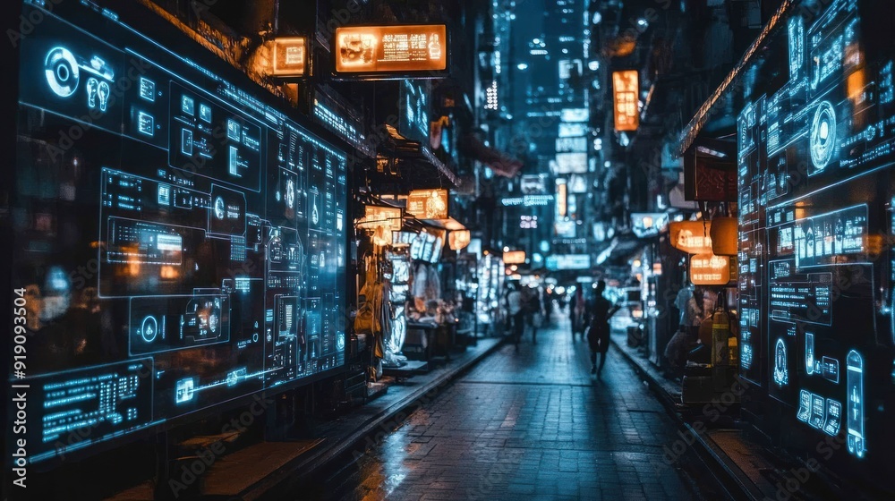 Futuristic Cityscape with Neon Signs and Digital Displays Futuristic Cityscape with Neon Signs and Digital Displays