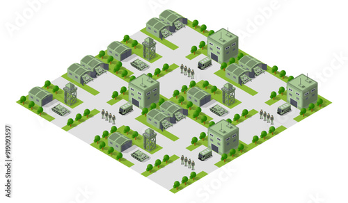 Military base with tanks and soldiers walking isometric illustration