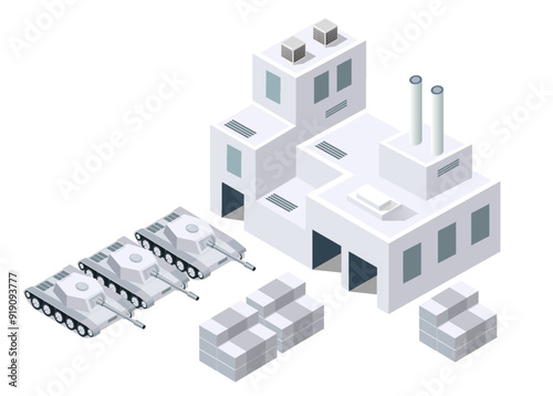 Military factory producing tanks with storage units