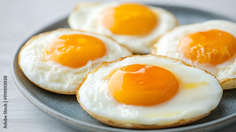 Fried eggs with runny yolks on a breakfast plate Fried eggs with runny yolks on a breakfast plate
