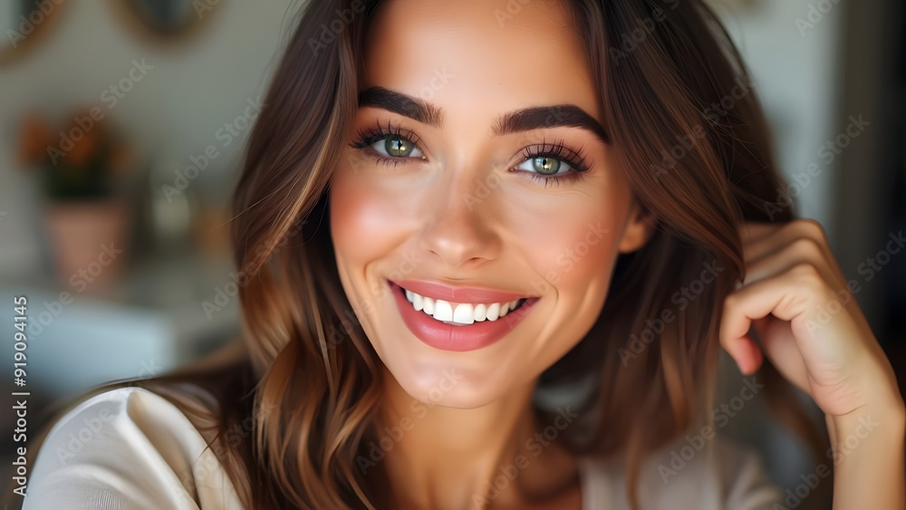 Headshot of woman with glamour look lifestyle wellness expression with smooth smile elegance makeup model Headshot of woman with glamour look lifestyle wellness expression with smooth smile elegance makeup model