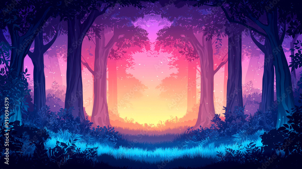 Fototapeta premium A serene forest scene at dusk, featuring vibrant colors of purple, pink, and blue, creating a mystical ambiance.