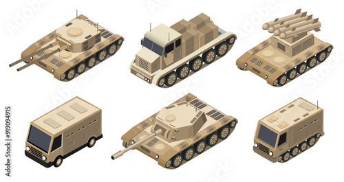 Military vehicles transporting soldiers and missiles in isometric view