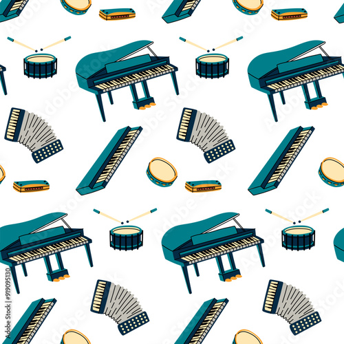 A pattern with musical instruments, colored flat illustrations. piano, tambourines, drum, harmonica, accordion, synthesizer, in blue colors. Seamless musical texture for printing on fabric