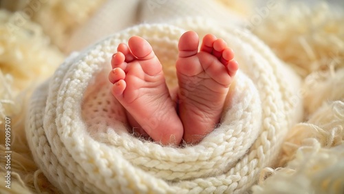 Adorable tiny toes and delicate skin, intimate close-up portrait of newborn baby's feet, showcasing innocence and purity in a warm, natural light setting. photo