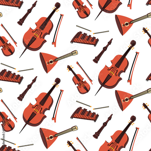 Pattern with musical instruments, colored flat illustrations. cello, xylophone, pipe, bow, balalaika, violin in brown colors. Strings, wind instruments. Seamless musical texture for printing on fabric