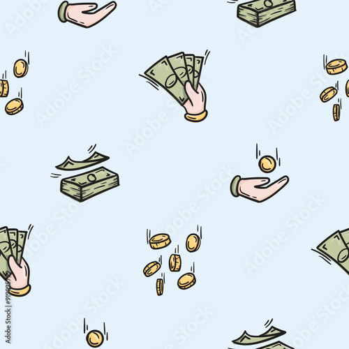 Bright seamless pattern for wrapping paper with icons of a hand with bills, a palm catching a coin, flying money. Simple vector background. Illustration related to business, finance, wealth