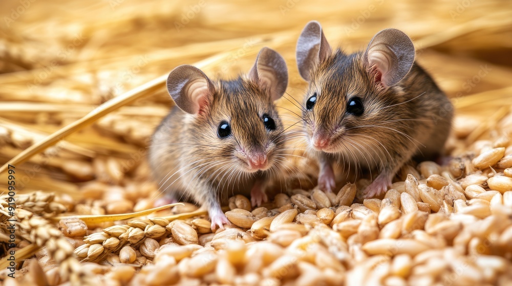 Two cute mice in wheat. This photo is perfect for illustrating articles about rodents and agriculture. Two cute mice in wheat. This photo is perfect for illustrating articles about rodents and agriculture.