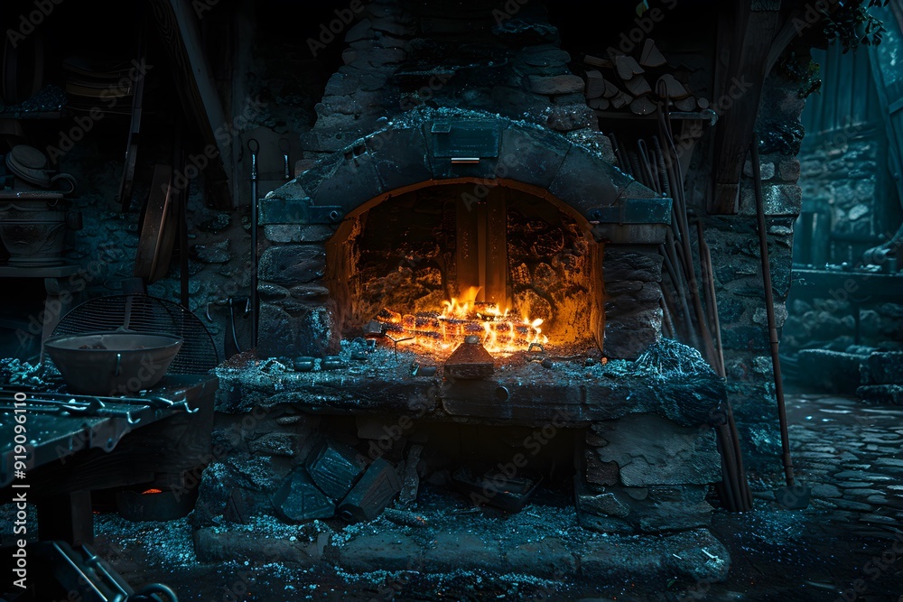 Enchanting Glow of a Medieval Forge at Dusk Enchanting Glow of a Medieval Forge at Dusk