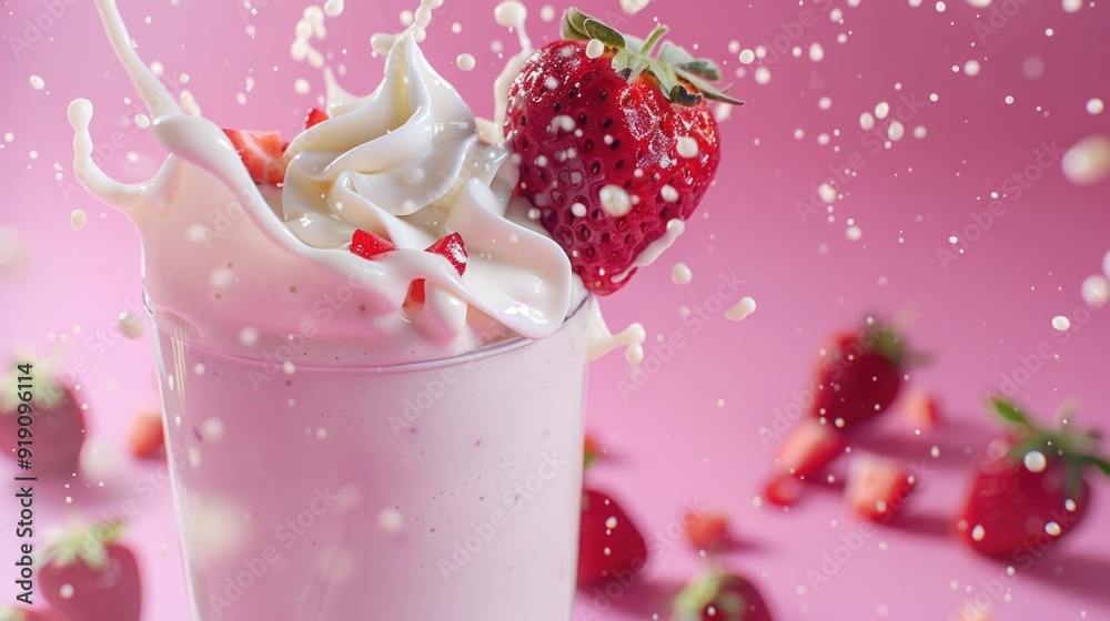 Ice cream with whipped cream and strawberries on top, served in a glass bowl on a pink background Ice cream with whipped cream and strawberries on top, served in a glass bowl on a pink background