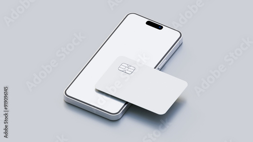 Smartphone and plastic credit card. 3d mobile phone with blank white screen and bank card with chip. Debit card for finance and cell phone on white background 3d render. photo