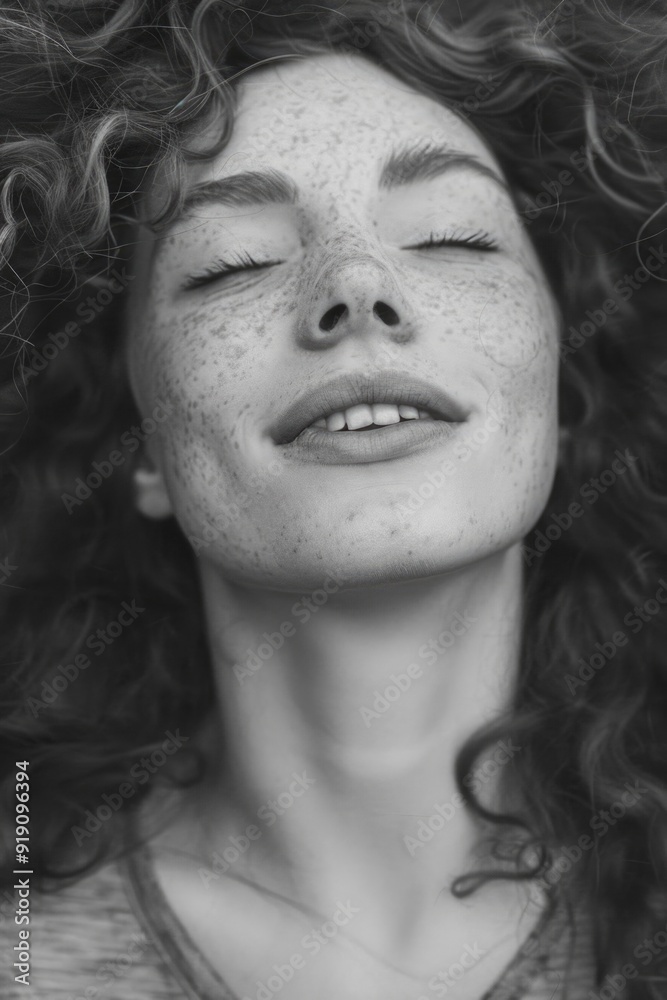 A female with specks on face, eyes closed, smiling broadly. High-definition stock photo. A female with specks on face, eyes closed, smiling broadly. High-definition stock photo.