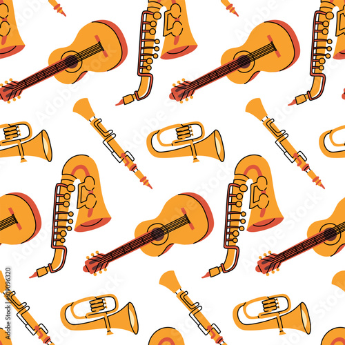Pattern with musical instruments, colored flat illustrations. guitar, saxophone, flute, pipe in yellow colors. Strings, wind instruments. Seamless musical texture for printing on fabric
