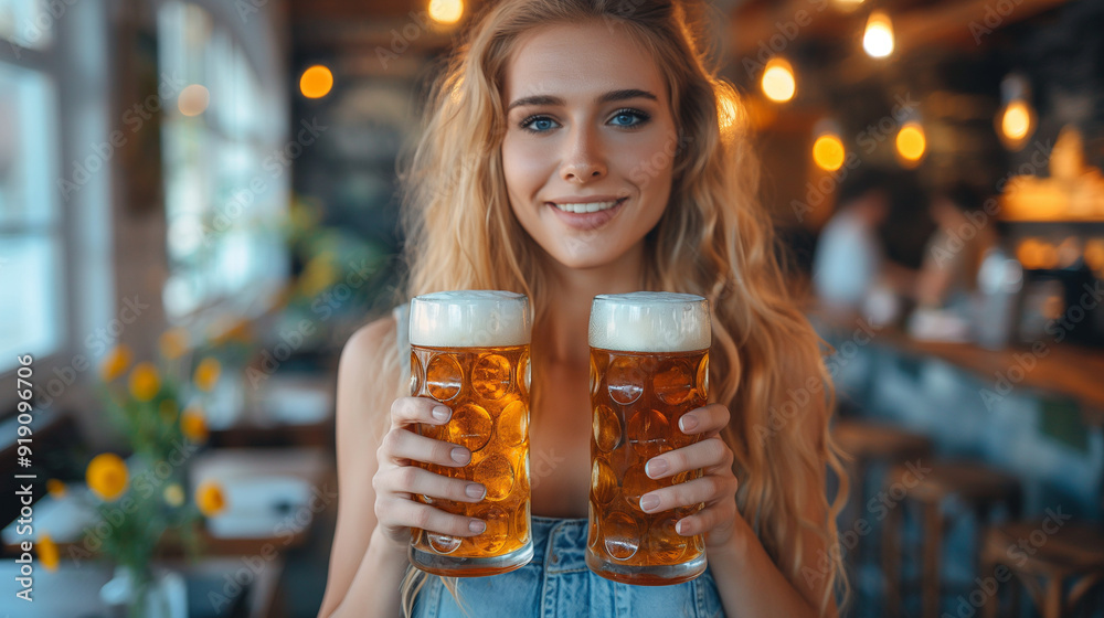Joyful woman holding two beer mugs at a festival Joyful woman holding two beer mugs at a festival