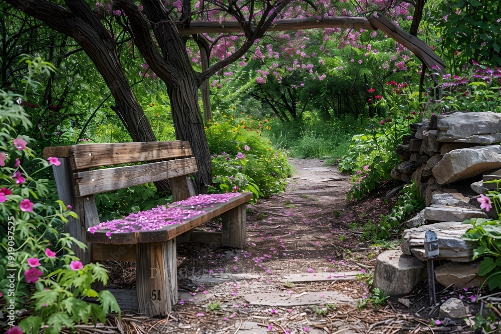 Serene Garden Pathway with a Wooden Bench Surrounded by Colorful Flowers Serene Garden Pathway with a Wooden Bench Surrounded by Colorful Flowers
