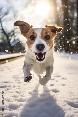 Running dog with joyful expression.