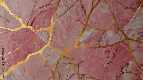 Luxurious pink wallpaper with marble texture and gold veins