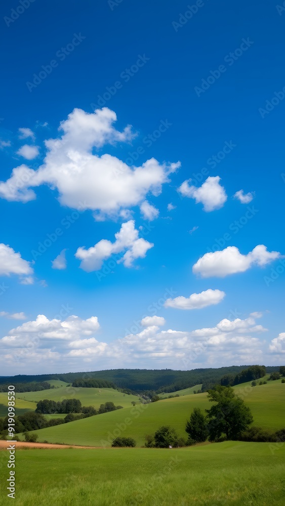 Peaceful Countryside Under Expansive Blue Sky with Serene White Clouds Peaceful Countryside Under Expansive Blue Sky with Serene White Clouds