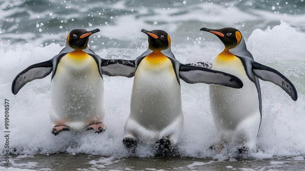 Fototapeta premium Three King Penguins appear to be using their wings and holding hands as they dance in the surf on a beach in South Georgia Antarctica