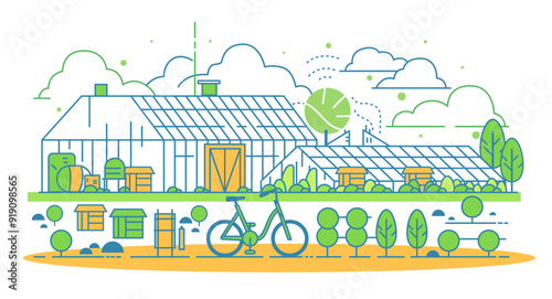 Eco-friendly organic farming concept greenhouse sustainable agriculture. Illustration features a greenhouse with plants trees a bicycle and clouds in a minimalistic style