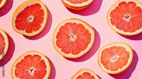 A vibrant pattern of grapefruit slices on a pastel pink background, full of citrusy brightness.