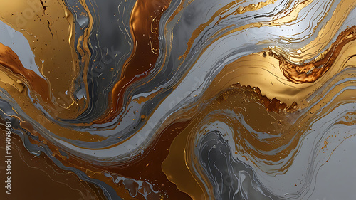 Metallic fluid art with silver, gold, and copper tones flowing together
