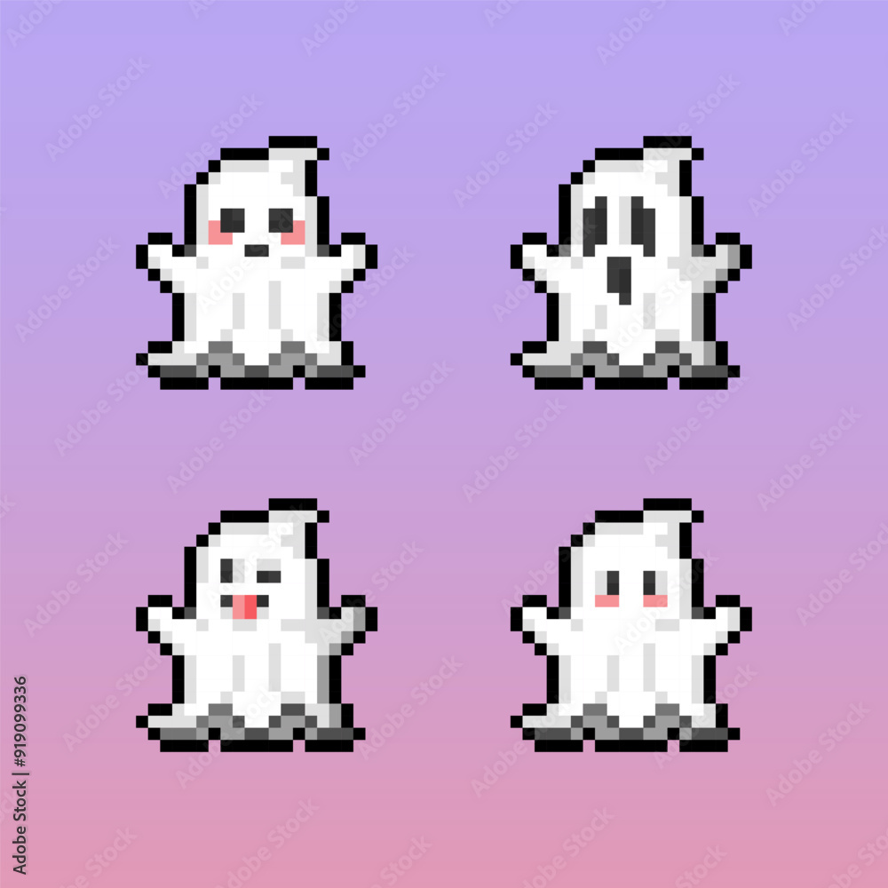 Pixel set of white cute flying ghosts isolated on purple background. Halloween characters collection for kids. Vector pixel art illustration in 16 bit old style.