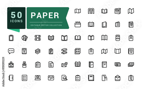 Paper line icons set. Related to flyer leaflet, catalogue, booklet, magazine, letterhead. Pixel perfect, minimalistic web and UI icon. Outline icon collections.