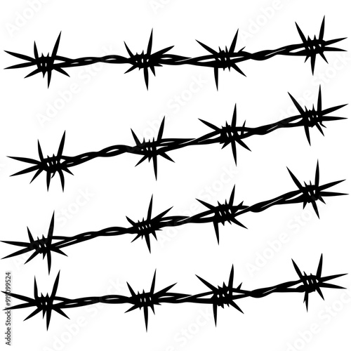 A long row of barbed wire displayed against a plain white background