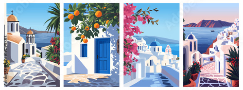 Santorini landscape posters set. Greek island. Pink local flowers tree. Blue door branch of oranges tipical buildings clear skies. Travel holidays tourism concept. Cartoon flat minimalism vector