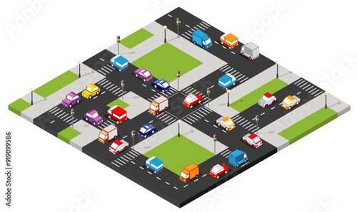 Traffic jam at busy crossroads with cars waiting at traffic lights