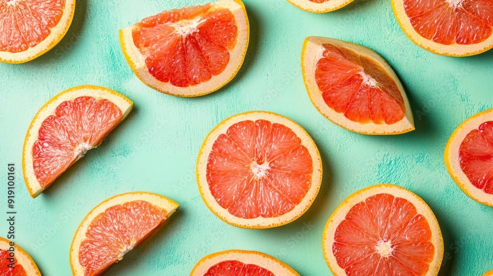 Bright grapefruit slices scattered on a pastel green background, bursting with color. Bright grapefruit slices scattered on a pastel green background, bursting with color.