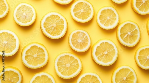 Bright lemon slices scattered on a pastel yellow background, full of citrusy zest.