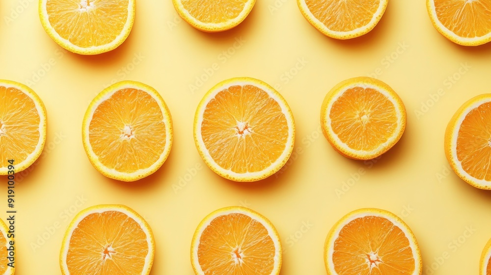 Bright orange slices arranged on a pastel yellow background, radiating sunshine.