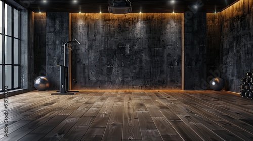 An empty modern fitness studio with wood floors, large windows, and a variety of exercise equipment