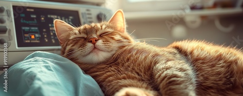 A contented orange tabby cat naps peacefully beside medical equipment, basking in the soft natural light from a nearby window. photo