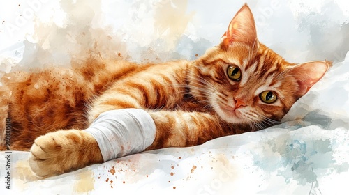 A watercolor painting of a ginger cat with an injured paw lying peacefully on a white blanket.