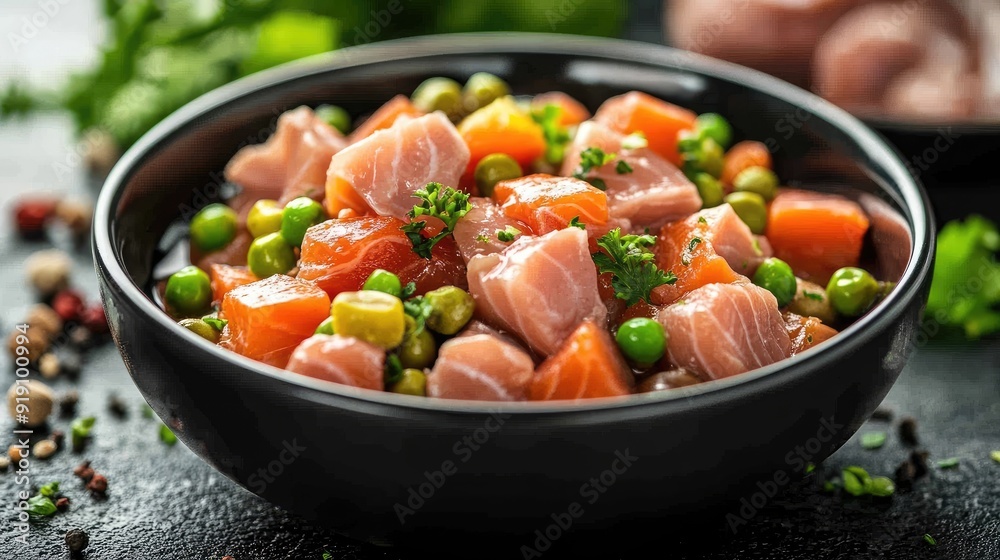 Close-up of a bowl of wet pet food containing a mix of fish, vegetables, and meat, showcasing its balanced and healthy contents Close-up of a bowl of wet pet food containing a mix of fish, vegetables, and meat, showcasing its balanced and healthy contents